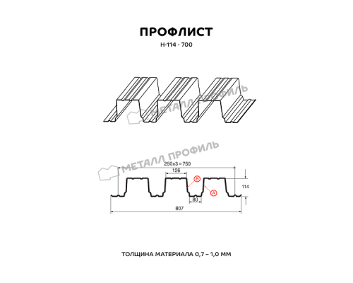 Профнастил Н 114 1.0 мм Оцинкован Россия  Zn (цинк) 